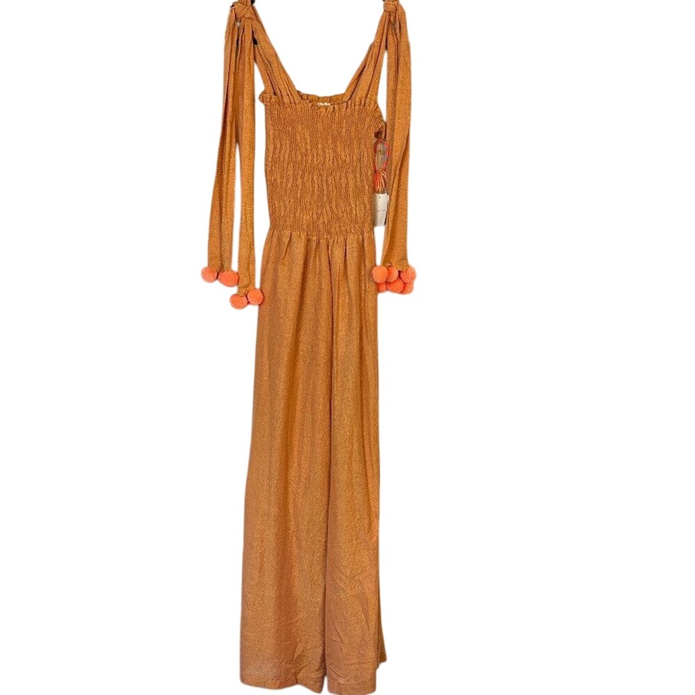 NWT Sundress Pippa Jumpsuit‎ Women's Medium Orange Glitter Pom Pom Tie Shoulder